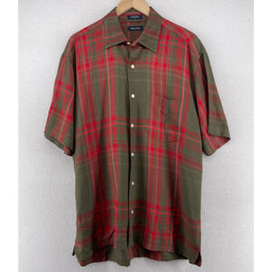 NAUTICA Shirt Mens L Linen Blend Camp Plaid Button Up Short Sleeve Red Brown